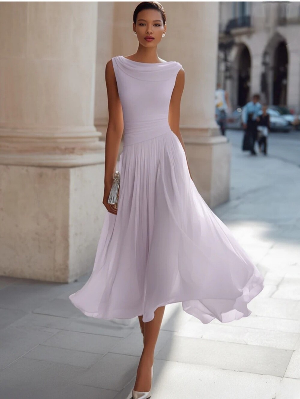 NWT Draped Neck Sleeveless Pleated Midi Dress - Lavender Size L(12-14)